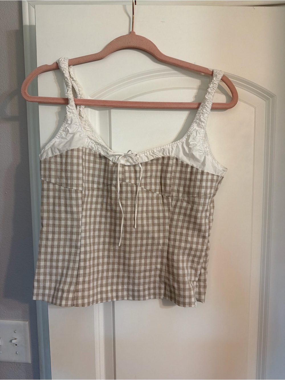Elodie Beige and White Gingham Cami with Bow Tie
